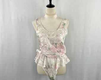 Vintage Floral Camisole & Shorts Pajama Set Size L, Romantic Sheer Lace Peplum Top, Classic Elegant Nightwear, Collectible Boudoir Lingerie