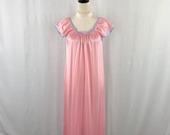 Luxurious Vintage Pastel Pink Nylon Nightgown with Blue Accents Size M, Embroidered Mid-Century Sleepwear, Collectible USA-Made, Romantic