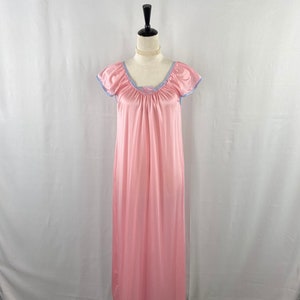 Luxurious Vintage Pastel Pink Nylon Nightgown with Blue Accents Size M, Embroidered Mid-Century Sleepwear, Collectible USA-Made, Romantic