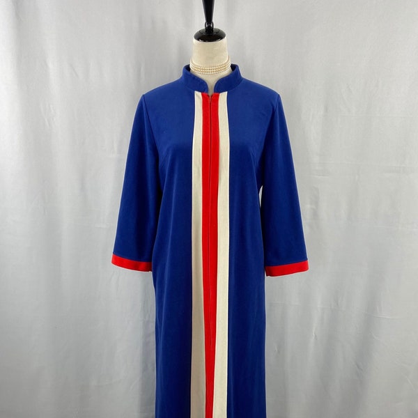 Vintage JCPenney Royal Blue Misses Robe with Red and Cream Stripe Detail Colorblock, Classic Retro Full-Length Loungewear, Size 14, Velour