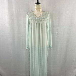 Vintage Shadowline Mint Green Full-Length Nightgown Floral Lace Detailing Embroidered Accents, Size L, Victorian, Elegant Sleepwear *FLAW*