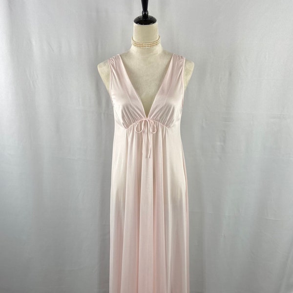 Vintage Elegance Blush Pink Full-Length Nightgown with Plunging V-Neck and Bow Detail Size S, Classic Feminine Boudoir Wear, Made in USA
