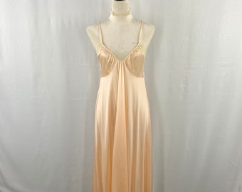 Vintage Silky Peach Nightgown with Lace Detail, Elegant 20th Century Full-Length Luxury Lingerie, Collectible Feminine Boudoir Sleepwear