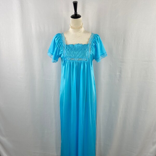 Elegant Aquamarine Vintage Full Length Nightgown by Rikki NY with Lace Detail Size M, Classic 1970s Charm, Feminine Sleepwear, Romantic,