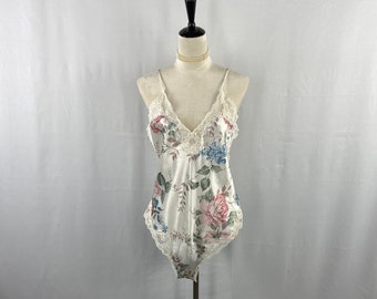 Romantic Vintage Floral Satin Lingerie Teddy with Delicate Lace Trim Size M, Collectible Feminine Boudoir Fashion, Retro Chic Nightwear