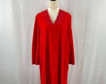 Vintage 1970s Vanity Fair Robe, Bold Red Zip-Up Loungewear with Retro Blue Piping Wide Sleeves Size L, Collectible Nightwear, Soft Sleepwear