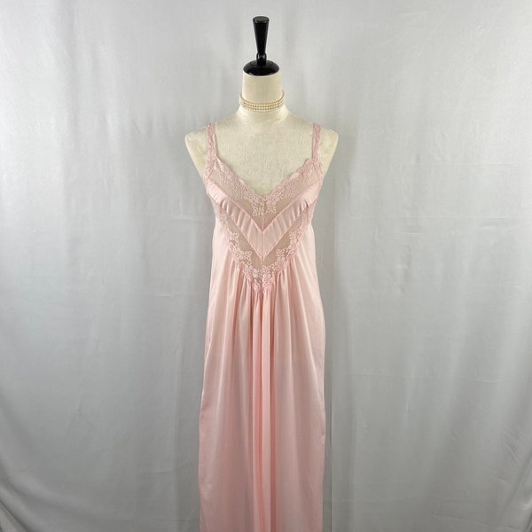 Vintage Blush Pink Nightgown w/ Lace Detailing, Romantic Full-Length Satin Sleepwear, Feminine Bridal Trousseau Lingerie, Classic Nightwear