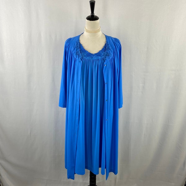 Vintage Shadowline Peignoir Set Cobalt Blue Size L, Luxurious Silky Nightgown Floral Lace Detail, Feminine Retro Lingerie Ensemble *FLAW*