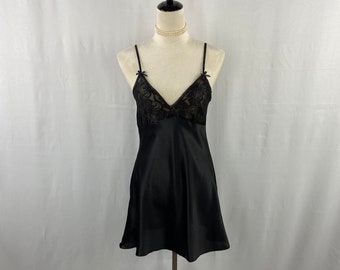 Vintage Midnight Velvet Black Satin Chemise w/ Lace Detailing Size S, Elegant Retro Lingerie, Collectible Designer Boudoir Wear Made in USA