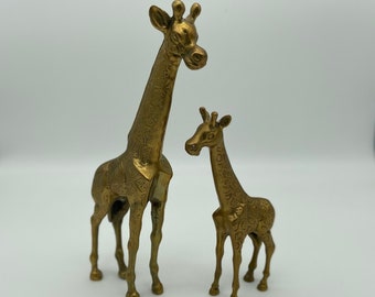 LARGE Vintage Solid Brass Giraffe Mom & Baby Figurine | Vintage Brass Pair | Large MCM Brass Giraffe | Collectible Brass Animal Vintage Home