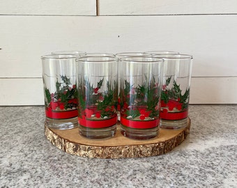 Vintage Libbey Holly & Berries 11oz. Flat Tumbler Glasses Set of 8, Vintage Christmas Juice Glasses, Vintage Barware Cocktail Drinks