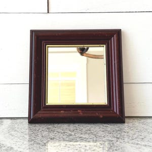 Vintage Mahogany Tone Wood Wall Mirror with Gold Trim, Rustic Farmhouse Decor, Small Square Mirror for Entryway, or Gallery Wall Display