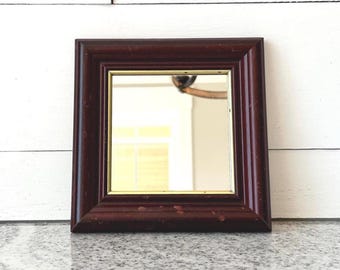 Vintage Mahogany Tone Wood Wall Mirror with Gold Trim, Rustic Farmhouse Decor, Small Square Mirror for Entryway, or Gallery Wall Display