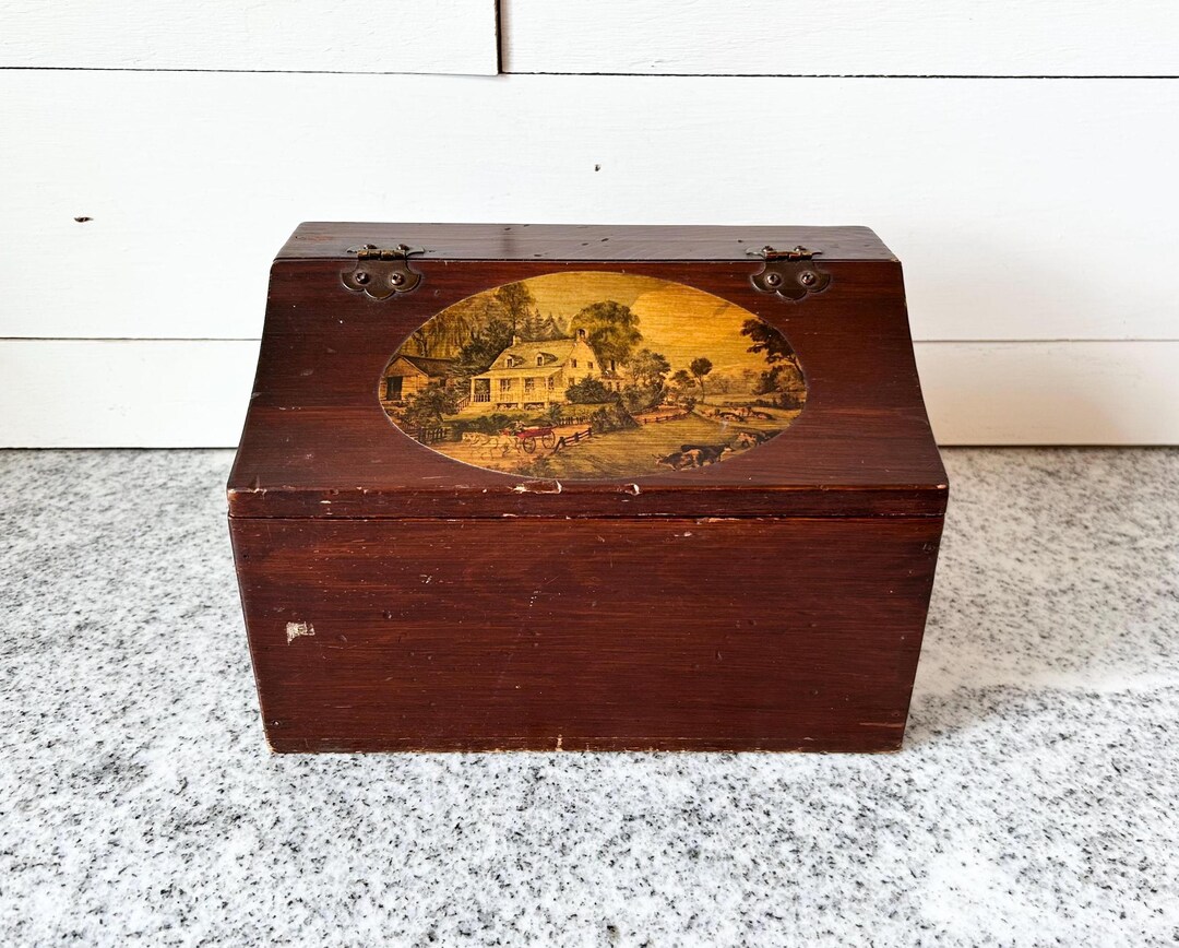 Vintage Hinged Wooden Storage Box Pastoral Farmhouse Scene, Rustic ...
