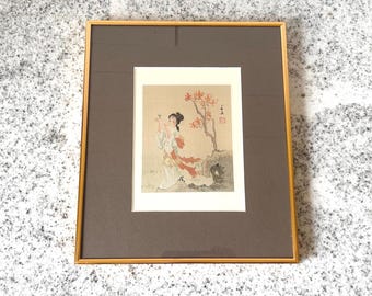 Vintage Hand-Painted Silk Art, Framed Asian Woman with Butterfly, Mid Century Chinese Silk Painting in Gold Frame, Chinoiserie Wall Decor