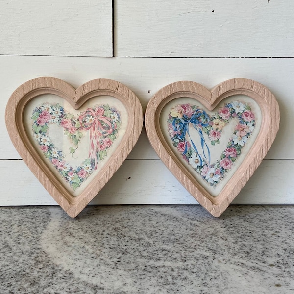 Vintage Homco Heart-Shaped Plastic Framed Floral Wall Art Print, Shabby Wall Decor, Romantic Cottage Home Interior, 1980s Retro Home Accents