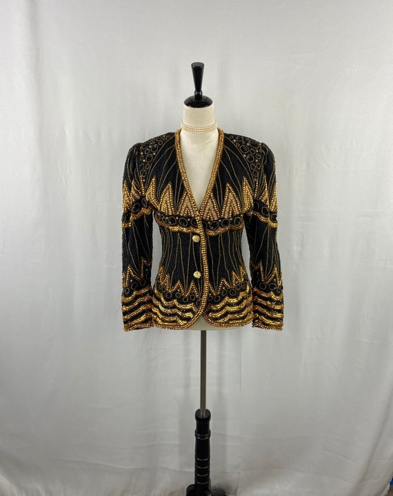 Vintage 1980s Sequined Blazer, Luxurious Black & … - image 1