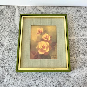 Vintage Framed Rose Print by Marjorie Sharpe, Romantic Blush Floral Wall Art in Speckled Green & Gold Frame, Cottagecore Shabby Style