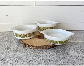 Autumn Floral Verde Vintage Pyrex Round Casserole Set of 3 Pieces No Lids 471-473 | 1960s Pyrex Square Flowers, MCM Mid-Century Modern