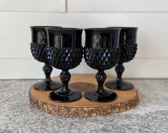 Set of 4 Cameo Black Diamond Point Water Goblets by Indiana Glass or Tiara, Onyx Goblets, Black Wine Glass, Vintage Barware, Unique, Rare