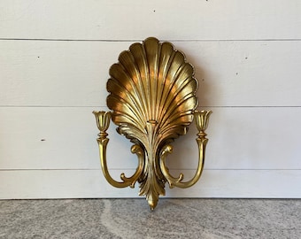 Syroco Vintage Gold Clam Shell Double Arm Candle Sconce Set, Ornate Hollywood Regency Sconce with Candle Holder, Vintage Wall Sconce Hanging