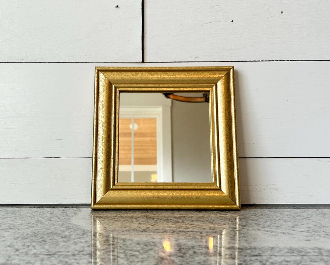 Vintage Gold Wall Mirror, Small Square Wooden Frame, Antique Textured
