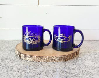 Vintage Cobalt Blue Glass Coffee Mug "Mother" "Grandma", Gold Gilt Design Made in USA, Mid-Century Retro Drinkware, Gift for Mom or Grandma