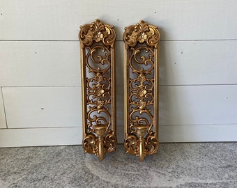 Vintage Syroco Baroque Style Golden Vintage Wall Sconces, Ornate Antique Candle Holders Elegant Home Decor, Collectible Mid-Century Lighting
