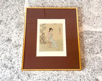 Vintage Hand-Painted Silk Artwork, Asian Woman Embroidery Scene, Framed Chinese Wall Art in Gold Metal Frame, Mid Century Oriental Decor