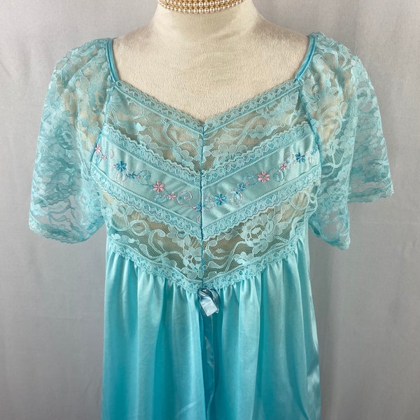 Vintage Turquoise Nylon Pajama Set Size L | Teal and Lace Collar Button Up Short Sleeve Top and Pants | Vintage Pajamas | Christmas Gift Her