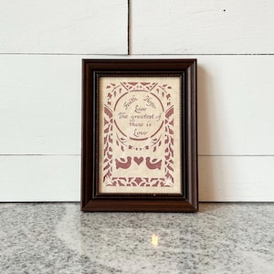 Vintage 1989 Papercut Art, &quot;Faith Hope Love&quot; Dark Wood Frame, Rustic Farmhouse Wall Hanging, Religious Artwork, Small Framed Home Accent
