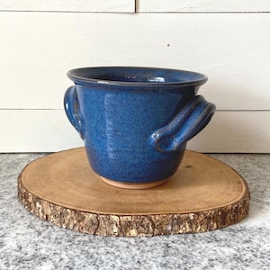 Vintage Handmade Artist Signed Blue Pottery Bowl Handles Applied, Rustic Ceramic Flower Pot, Collectible Home Decor, Unique Glazed Pottery