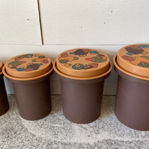 Adorable! Vintage Rubbermaid Canister Set of 4 | Mushroom or Toadstool Lids | Chocolate Brown and Tan Blue Green Red MCM Pantry Storage Gift