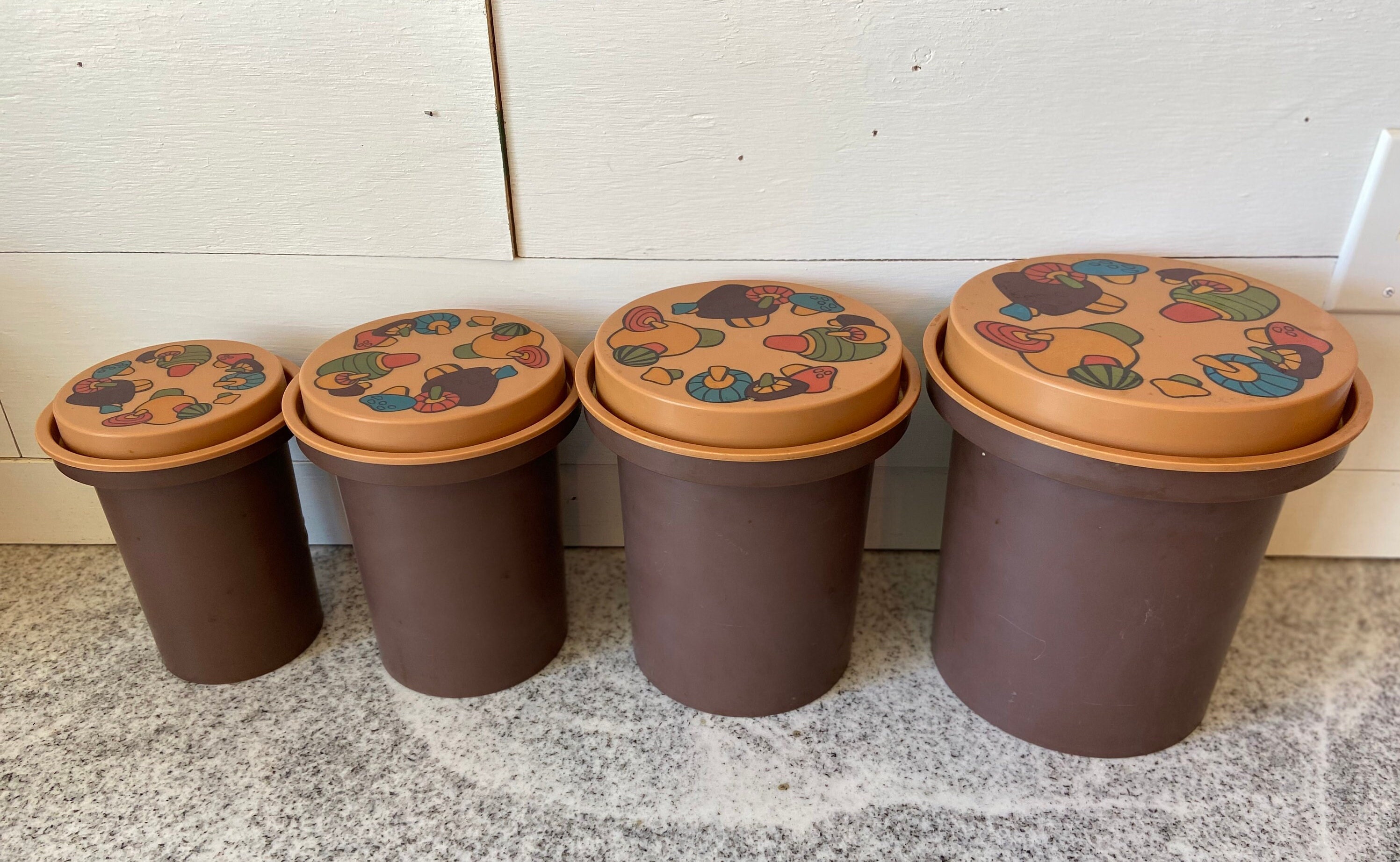 Adorable Vintage Rubbermaid Canister Set of 4 Mushroom or Toadstool Lids  Chocolate Brown and Tan Blue Green Red MCM Pantry Storage Gift 