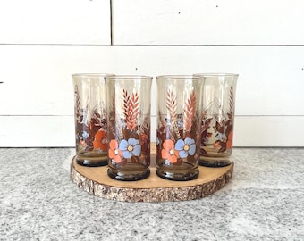 Set of 4 Vintage Libbey Glass Tumblers, 1970s Floral Autumn Wheat Pattern, Smoky Retro Drinkware, Boho Fall Glassware, Smoky Drinkware