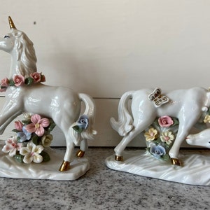 Vintage White Porcelain Unicorn Figurine Set of 2 with Pink & Blue Flowers Gold Horn Butterfly | Nursery Kids Room Fantasy Fairytale Decor