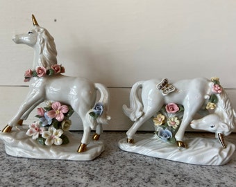 Vintage White Porcelain Unicorn Figurine Set of 2 with Pink & Blue Flowers Gold Horn Butterfly | Nursery Kids Room Fantasy Fairytale Decor