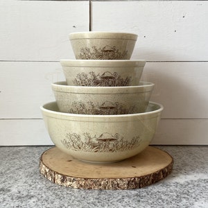 Super Rare Complete Set of 4 Vintage Pyrex Forest Fancies Mixing Bowls 401 - 404, MCM 1980s Mushroom Farmhouse Cottage, Gift for Her