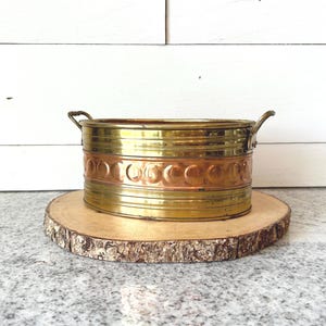 Vintage Brass & Copper Planter with Handles, Embossed Metal Rustic Pot, Oval Planter for Indoor Plants, Farmhouse, Boho, Eclectic Home Decor