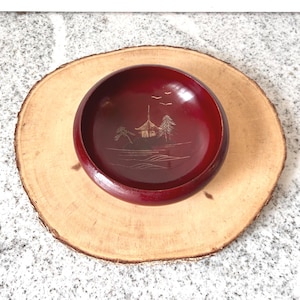 Vintage Japanese Red Lacquer Bowl, Painted and Gilded Pagoda Scene, Mid-Century Made in Japan Wood Dish, AIZU Marked Asian Decor