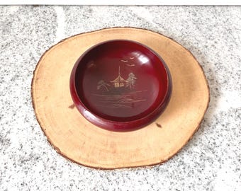 Vintage Japanese Red Lacquer Bowl, Painted and Gilded Pagoda Scene, Mid-Century Made in Japan Wood Dish, AIZU Marked Asian Decor