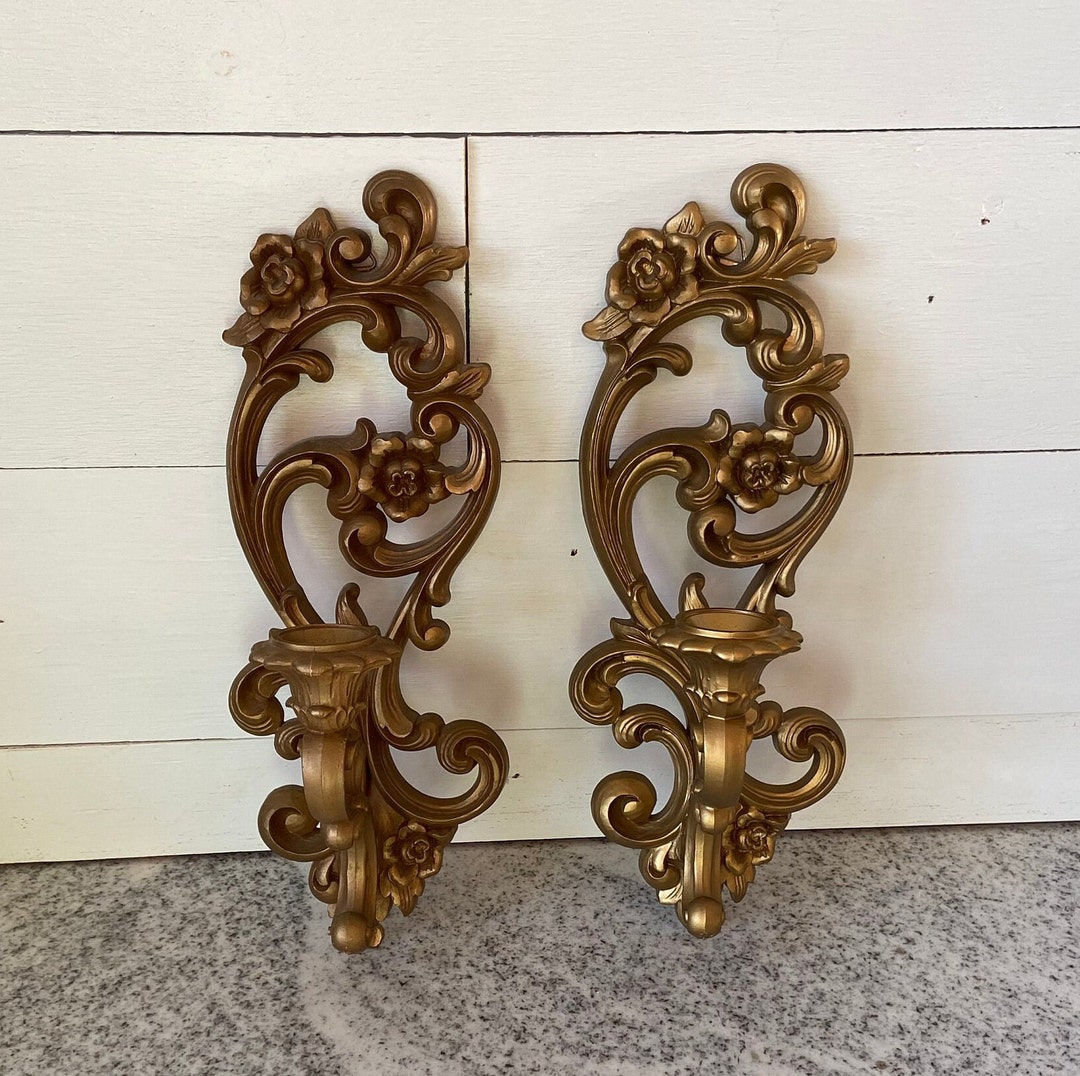 1971 Homco Vintage Gold Candle Sconce Set of 2 Ornate Etsy