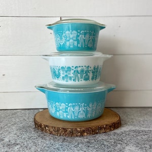 Vintage Pyrex Amish Butterprint Round Casserole Dish Set of 6 Pieces | 1960s 473 474 475 | Farmhouse Cottage Turquoise | Gift for Her