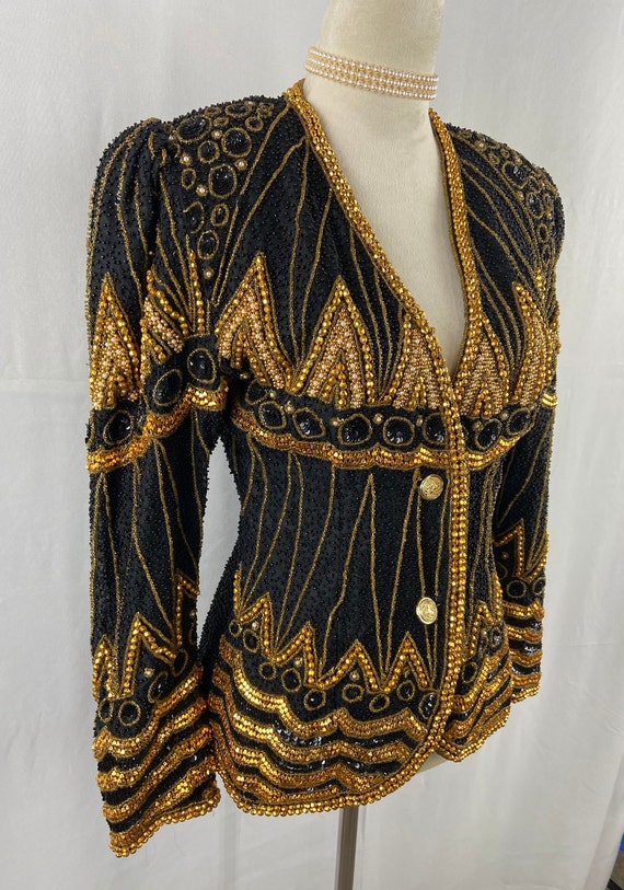 Vintage 1980s Sequined Blazer, Luxurious Black & … - image 4