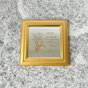 Vintage Gold Framed Mirror with Floral Etching, &quot;Home is Where Your Heart Is&quot;, Small Decorative Wall Hanging, 1980s Shabby Style Home Décor