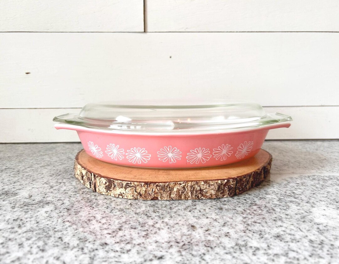 Vintage Pyrex Pink Daisy Divided Casserole Dish With Lid, - Main Image