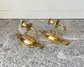 Antique Style Brass Wall Sconce Pair, Vintage Spiral Arm Candle Holder Leaf Motif, Classic Home Decor Lighting, Mid-Century Ornate Fixture