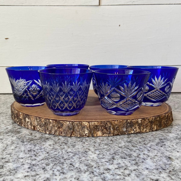 Vintage Bohemian Style Liquor Glasses Set - Elegant Cobalt Blue Cut Glass Drinkware for Collectors - Sophisticated Retro Barware Decor