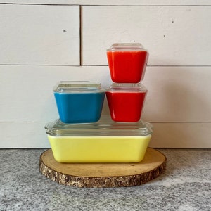 Vintage Pyrex Primary Colors Complete Refrigerator Set 8 Pieces, 501 502 503 1950s 1940s, Red Blue Yellow, Pyrex Leftovers, Pyrex Fridgie