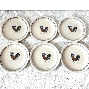 Vintage Hand-Painted Rooster Salad Plates, Set of 6 Farmhouse Stoneware, Rustic Country Kitchen Decor, Speckled Cottagecore Dinnerware